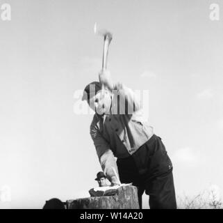 Holzhacken in den 1950er Jahren. Ein Mann mit einer Axt Holz hacken. Ungewöhnlich genug andere bemannt Kopf erscheint, wo die Axt soll zu schlagen ist. Schweden 1956 Kristoffersson ref BX 47-4 Stockfoto