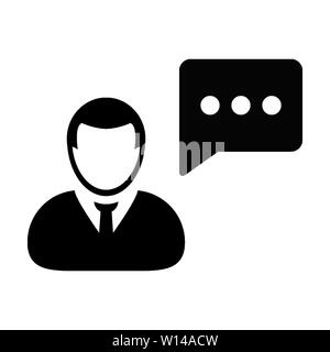 Bubble Symbol Vektor männliche Person Profil Avatar mit Sprechblasen-symbol zur Diskussion und Information in flachen Farbe glyphe Piktogramm Abbildung Stock Vektor