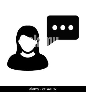 Faq Symbol Vektor weibliche Person Profil Avatar mit Sprechblasen-symbol zur Diskussion und Information in flachen Farbe glyphe Piktogramm Abbildung Stock Vektor