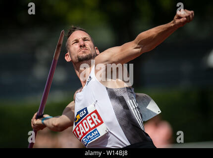 Ratingen, Deutschland. 30. Juni, 2019. Die deutschen Zehnkämpfer Kai Kazmirek im Speerwurf der Rund-um-Konferenz in Aktion. Quelle: Bernd Thissen/dpa/Alamy leben Nachrichten Stockfoto