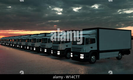 Reihe von LKW-Anhängern, 3D-Rendering auf weißem Hintergrund. Stockfoto