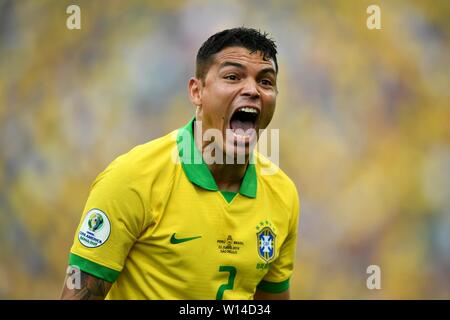 Peking, Brasilien. 22. Juni, 2019. Der Brasilianer Thiago Silva reagiert während der Gruppe ein Match zwischen Brasilien und Peru an der Copa America 2019 in Sao Paulo, Brasilien, 22. Juni 2019 statt. Credit: Xin Yuewei/Xinhua/Alamy leben Nachrichten Stockfoto