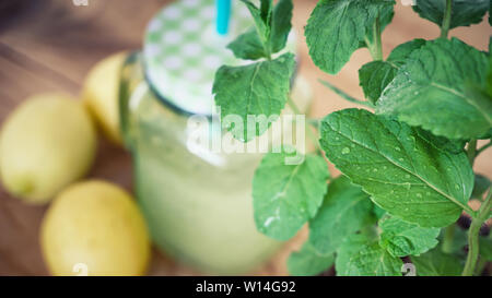 Hausgemachte Limonade mit Minze, Eis und frischen Zitronenscheiben in Mason jar Stockfoto