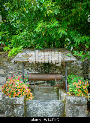 Alten Brunnen von bunten Blumen umgeben in Rochefort-en-Terre, Bretagne Stockfoto