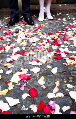 Die Beine des Bräutigams in schwarz Schuhe und Hose und Bräute in weißen Heels auf einen Stein Blöcke bedeckt mit Rosenblättern Stockfoto