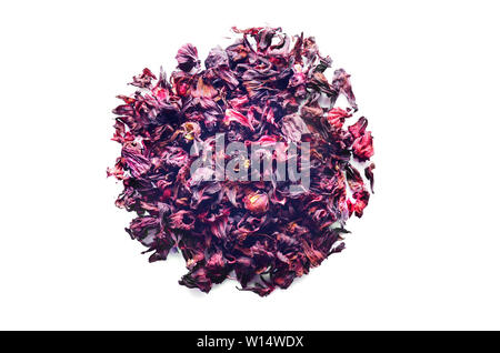 Ansicht von oben Trocken Hibiscus Blüten auf weißem Hintergrund closeup Stockfoto