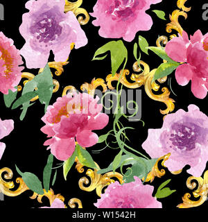 Pfingstrose botanische Blumen Blumen. Aquarell Hintergrund Abbildung. Nahtlose Muster. Stockfoto