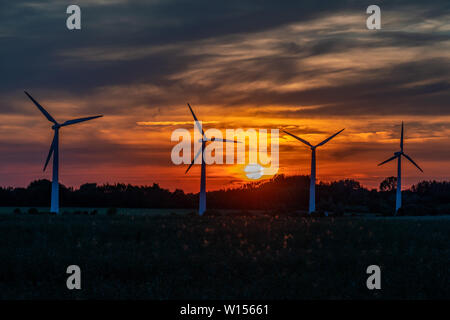 Vier Windenergieanlagen auf einem Feld gegen einen goldenen Sonnenuntergang mit einem Sky auf Feuer im Hintergrund Stockfoto