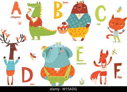 Teil 1 der Tiere abc mit cute Cartoon Tiere und Buchstaben. Die Buchstaben A-F. Stock Vektor