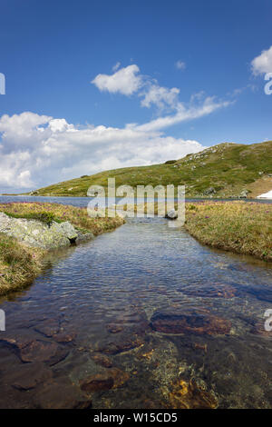 Low Angle View von Rila Mountain Creek mit transparentem Wasser und roten Felsen, fließt in den See, sonnenbeschienenen Landschaft und lila Blüten Stockfoto