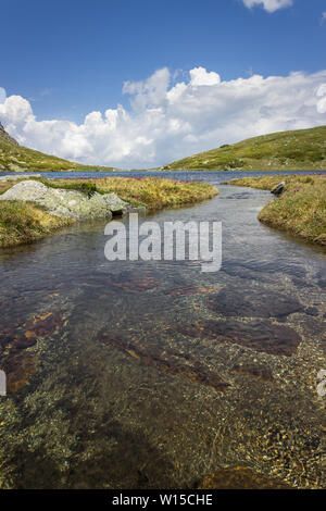 Low Angle View von Rila Mountain Creek mit transparentem Wasser und roten Felsen, fließt in den See, sonnenbeschienenen Landschaft und lila Blüten Stockfoto