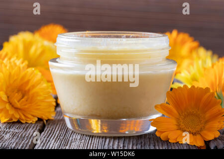 Ein Glas hausgemachte Salbe vom Shea Butter und frischem calendula Blüten erfolgen Stockfoto