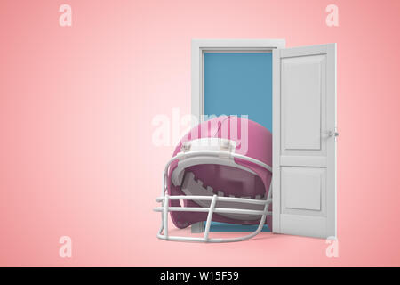 3D-Rendering von riesigen rosa American football Helm in offene Tür auf rosa Farbverlauf copyspace Hintergrund. Stockfoto