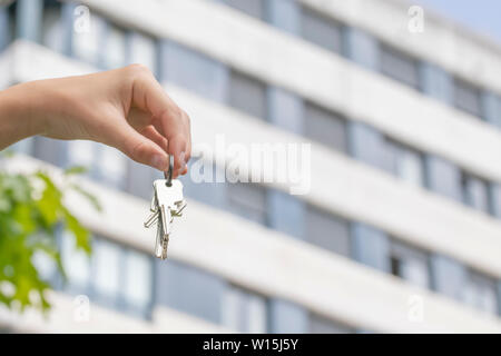 Eine Hand hält den Schlüssel zu einem gekauften Wohnung vor dem Hintergrund eines mehrstöckigen Gebäudes und grüne Blätter eines Baumes in der Gegend. Stockfoto