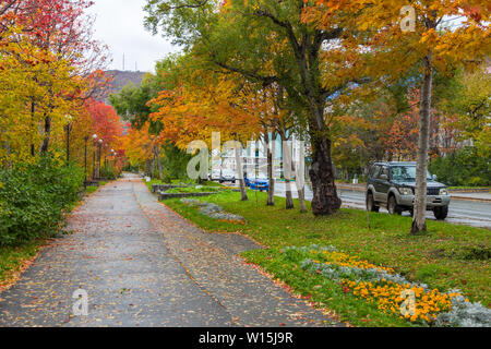 Petropawlowsk-kamtschatski, Russland - 05. Oktober 2014: Allee im Park von Lenin Street. Blätter im Herbst Farben. Mishennaya Berg im Hintergrund. Stockfoto