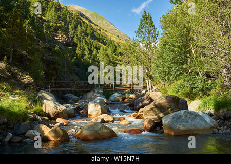 Holz Brücke über Fluss Añes Cinqueta de Cruces in Transpirenaica GR-11 Wanderweg in der Nähe von Viadós (chistau Tal, Sobrarbe, Huesca, Pyrenäen, Aragon, Spanien) Stockfoto