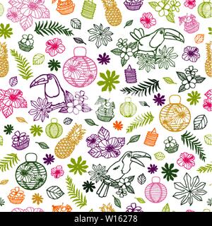 Vektor weißen Hintergrund mit bunten tropischen Geburtstagsfeier Elemente nahtlose Muster Hintergrund mit toucan und Papierlaternen. Perfekt für Fabric Stock Vektor