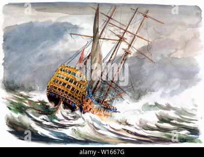 AJAXNTPHOTO. 1744-2008 - das Flaggschiff Wrack entdeckt - Admiral Sir John BALCHEN'S FLAGGSCHIFF HMS VICTORY, 6 TH KRIEGSSCHIFF DER NAME, war lange geglaubt zu haben STRUCK CASQUETS FELSEN, westlich von Alderney, Channel Islands, während ein heftiger Sturm am Abend des 4. Oktober, 1744. Folgende ENTDECKUNG DURCH DIE US-ODYSSSEY MARINE EXPLORATION INC. GEFUNDEN DAS WRACK BLEIBT IM SÜDEN DER GRAFSCHAFT DEVON PORT SALCOMBE 2008 haben fast 60 Meilen (100 km) vom ursprünglichen Speicherort gedacht zu haben, die WRECKSITE. ursprüngliche Abbildung © Caroline Beaumont. REF: 1744 Wrack Stockfoto