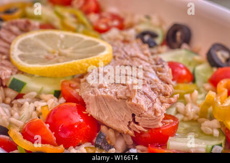 Detail von Reis Salat mit frischem Gemüse und gegrillte Makrele Stockfoto