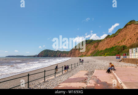 Blick entlang der Kiesstrand Ufer in Richtung High Peak Blick nach Westen am Sidmouth, eine angenehme Südküste Küstenstadt in Devon, im Südwesten Englands Stockfoto