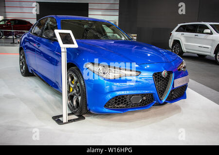 Poznan, Polen, März 2019 Alfa Romeo Giulia (952), Poznan International Motor Show, Euro 6-Emissionsnormen, Auto von Italienischen Alfa Romeo hergestellt Stockfoto