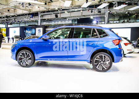 Poznan, Polen, März 2019: blau-metallic Skoda Kamiq bei Poznan International Motor Show, MQB 0 Kleinwagen-SUV von Skoda Auto produziert Stockfoto