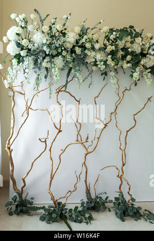 Dekoration der Bankettsaal, Photo Zone und Hochzeit Bogen mit Eukalyptus Blätter, Hortensien und eustoma in den Hochzeitssaal. Goldene Zweige. Weddin Stockfoto