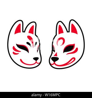 Japanische Kitsune Fuchs und Wolf Maske. Zwei traditionelle bemalten Masken in einfachen minimalistischen Stil. Isolierte vector clip art Illustration. Stock Vektor