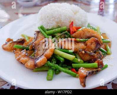 Knusprig gebratenen Fisch und Spargel gekochter Reis auf dem Teller rühren Stockfoto