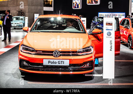 Brüssel, Belgien, Jan 2019 roten Volkswagen VW Polo GTI, Brüssel Motor Show, sechste Generation, Typ AW, MQB A0 Plattform, produziert von Volkswagen Stockfoto