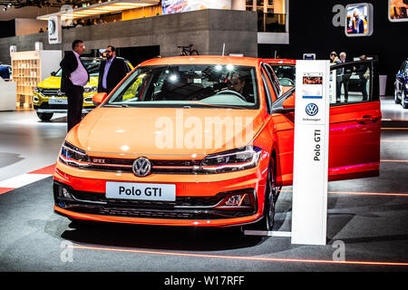 Brüssel, Belgien, Jan 2019 roten Volkswagen VW Polo GTI, Brüssel Motor Show, sechste Generation, Typ AW, MQB A0 Plattform, produziert von Volkswagen Stockfoto