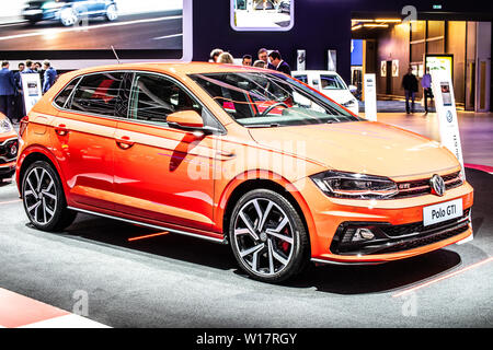 Brüssel, Belgien, Jan 2019 roten Volkswagen VW Polo GTI, Brüssel Motor Show, sechste Generation, Typ AW, MQB A0 Plattform, produziert von Volkswagen Stockfoto