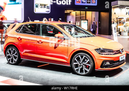 Brüssel, Belgien, Jan 2019 roten Volkswagen VW Polo GTI, Brüssel Motor Show, sechste Generation, Typ AW, MQB A0 Plattform, produziert von Volkswagen Stockfoto
