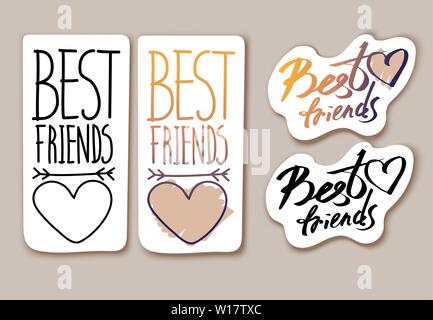 Hand Aufkleber Phrase und Herzen auf weißem Hintergrund dargestellt. Die besten Freunde. Sticker Set. Vector Illustration. Stock Vektor