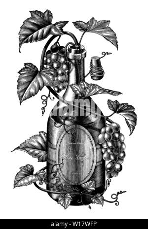 Trauben twing Wein Flasche Abbildung: Schwarz und Weiß clip art, das Konzept der Weintrauben Streifenbildung Stock Vektor