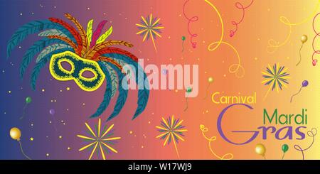 Horizontale Banner für Mardi Gras Carnival mit feathered mask Feuerwerk Konfetti und Luftballons Stock Vektor
