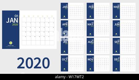 Vektor von 2020 neue Jahr Kalender in sauberen Minimale Tabelle einfachen Stil und blau-grüne Farbe, Holiday Event Planner, Woche beginnt Sonntag. gehören Urlaub eve Stock Vektor
