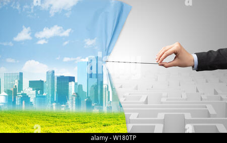 Hand Herausziehen des Papiers Vorhang, wechselnde Szene Konzept Stockfoto