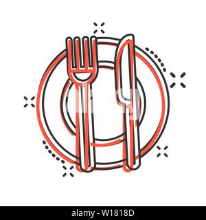 Gabel, Messer und Teller Symbol im Comic-stil. Restaurant vektor Cartoon Illustration auf weißem Hintergrund isoliert. Abendessen Geschäftskonzept splash Wirkung. Stock Vektor