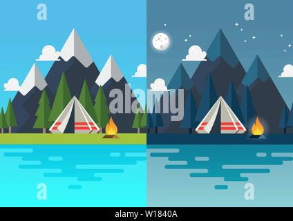 Camping Zelt mit Landschaft bei Tag und bei Nacht. Vector Illustration Stock Vektor