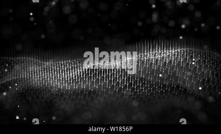 Netzwerkverbindung Konzept schwarzer Hintergrund Abbildung. Futuristische hexagon Perspektive Weitwinkel Landschaft. Futuristische Wabe Konzept. 3d Stockfoto