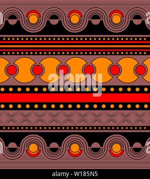 Schönes helles Ornament in Orange, Rot und Schwarz. Symmetrische horizontale Ornament in den Reihen mit geometrischen Figuren: geschwungene Linien, Wellen Stockfoto