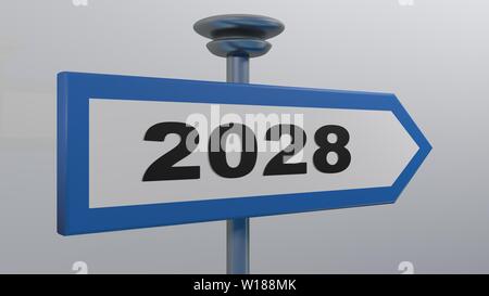 2028 Blau Straßenschild Pfeil auf weißem Hintergrund - 3D Rendering illustration Stockfoto