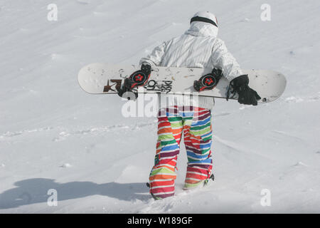 SIBIU, Rumänien - 13. März 2010: Männlichen snowboarder sein Brett wandern im Fagaras Gebirge. Stockfoto