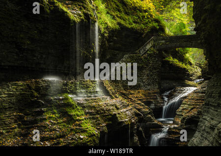 Blick auf die Rainbow Falls unter einer Brücke aus Stein in Watkins Glen State Park, Upstate New York. Stockfoto