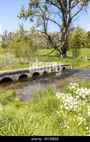 Eine alte Steinbrücke über den Sherborne Bach in der Nähe von Cotswold Village von Sherborne, Gloucestershire, Großbritannien Stockfoto