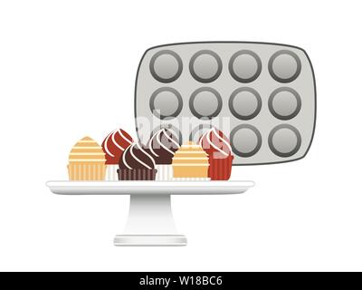Backen Pfannen für Muffins und Kuchen in der Platte, Vektor, Abbildung Stock Vektor