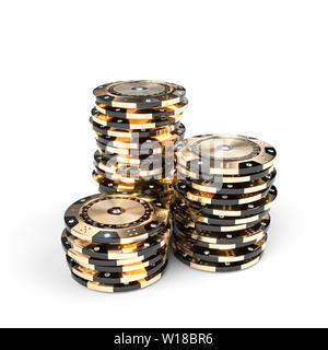 Luxus casino chips in Gold und Schwarz mit Diamond Einsätze auf einem weißen Hintergrund. 3D-Render Bild Stockfoto