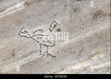 Lustige primitive Vogel Bild, auf Sandstein in Ruinen von Saint John's Basilika, Selcuk, Ephesos, Türkei geprägt Stockfoto