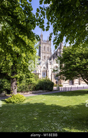 Die Kathedrale von Gloucester aus dem Westen mit seinen schön geschnitzt und verziert 15 C Turm und die Kathedrale Grün neu im Jahr 2018 angelegten, Gloucester UK Stockfoto